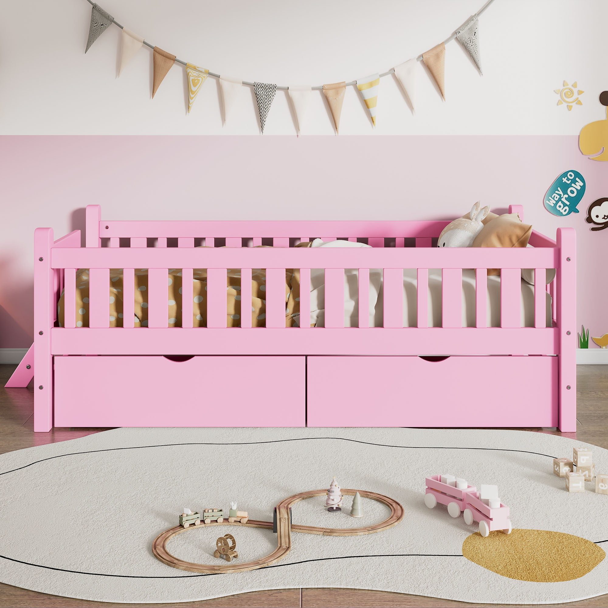Euroco Wood Twin Size Platform Bed with 2 Drawers and Ladder for Kids and Toddlers, Pink