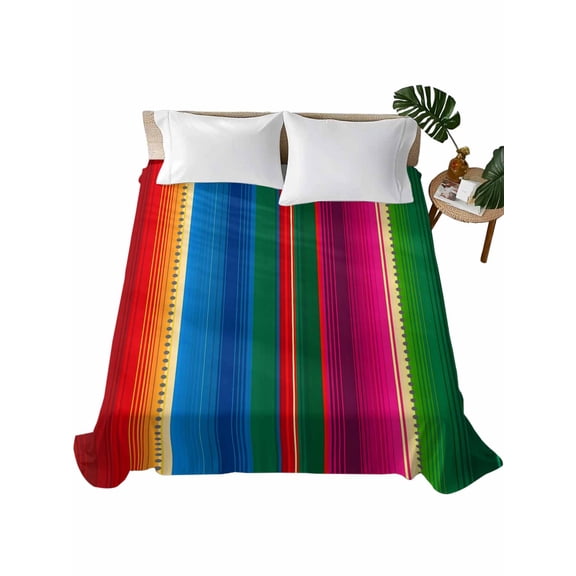 Mexican Stripes Flat Sheets Only California King Size, Soft Breathable Bed Top Sheets for Mattress, Blue Boho Red Green Orange Art Simple Bedding Flat Sheets for Home Hotel Bedroom Bed Protection