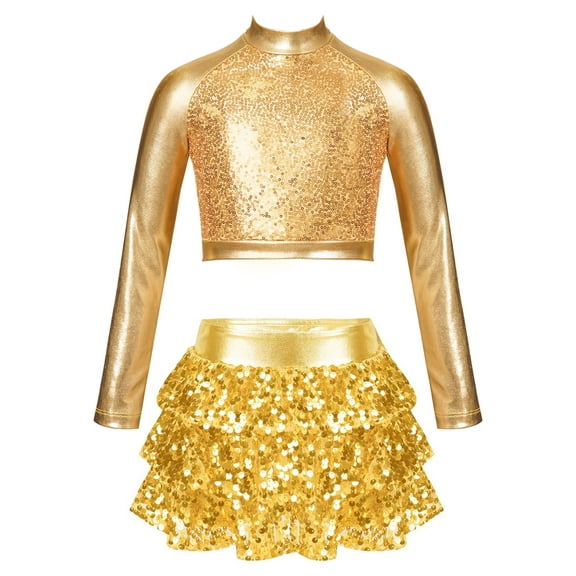 YEAHDOR Kids Girls Metallic Sequins Latin Stage Dancewear Jazz Dance Outfit Carnival Party Long Sleeve Crop Top with Culottes A Gold 12