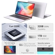 Auusda 15.6 Laptop, Win11 Pro 32GB RAM 1TB SSD, 3050E CPU Home Student Notebook Computer, Backlight, Fingerprint, Silver