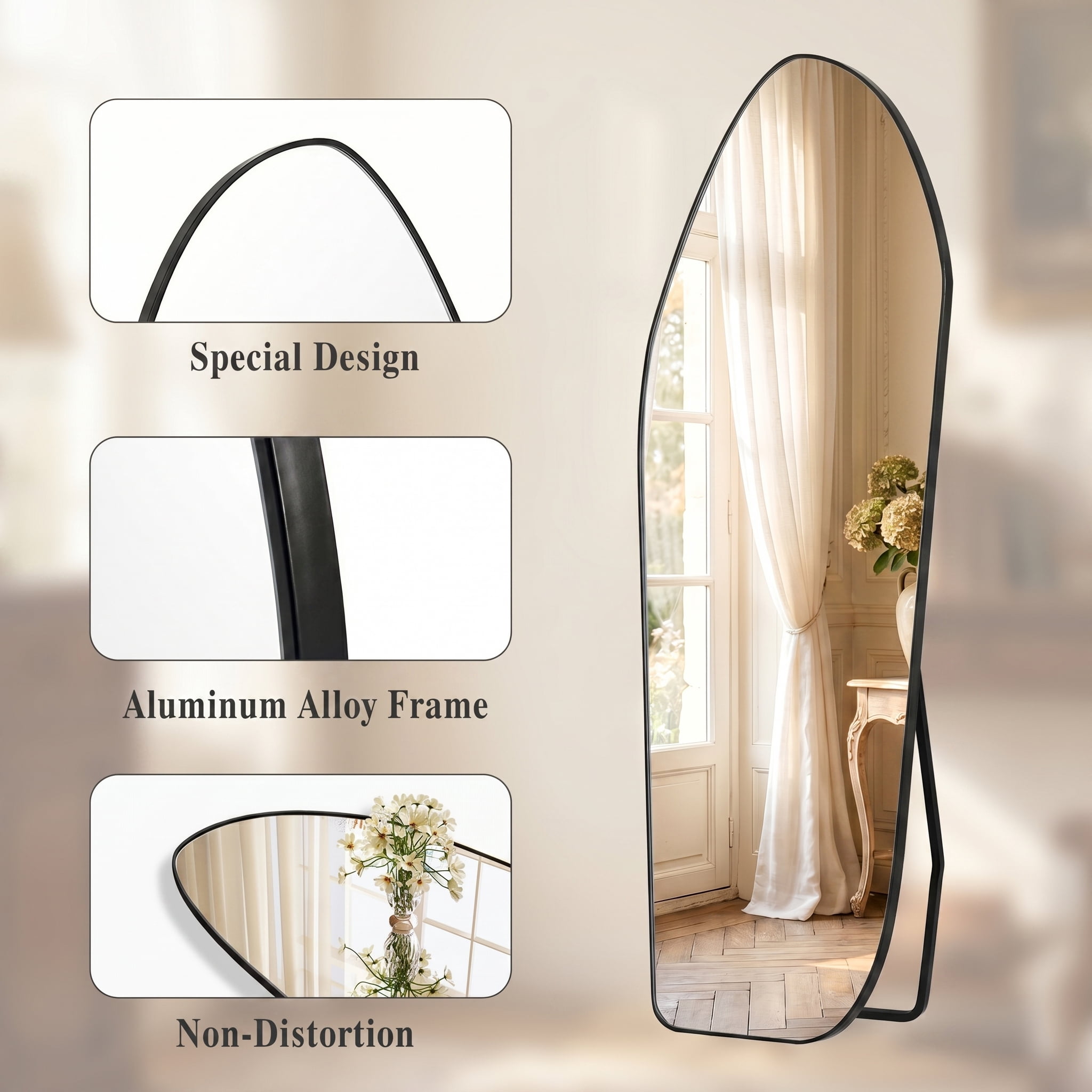 AUROMIR 24"x 67" Full length Irregular Mirror with Alumnium Frame Floor Mirror, Black