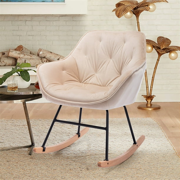 Rocking Chair Modern Comfy Velvet Accent Armchair Rocker With Solid Wood Base Upholstered Nursery Single Sofa Tall Back Rest For Home Living Room Bedroom Beige Com Rocking Chair Modern Comfy Velvet, Comfy Rocking Chair For Bedroom