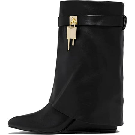 

Fashion Fold Over Wedge Boots for Women with Metal Padlock Wide Calf Covered Wedge Heel Mid Calf Boots
