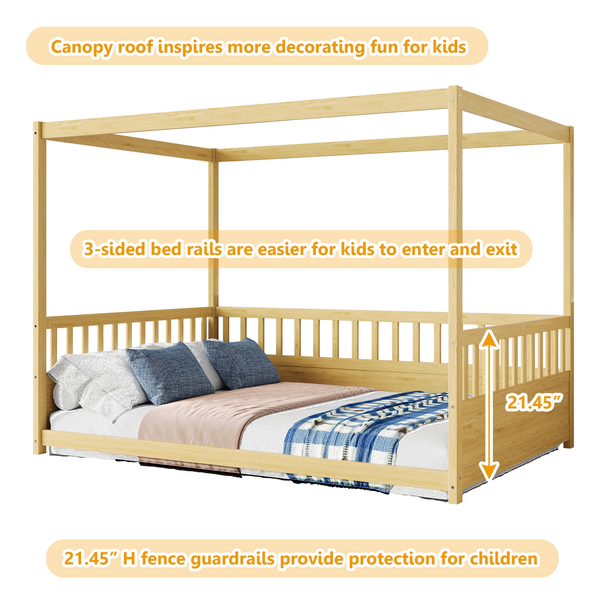 Bellemave Full Size Canopy Bed Frame with High Fence Guardrails Montessori Floor Bed Frame with Four Poster Design Wooden Canopy Bed (Full, Natural)