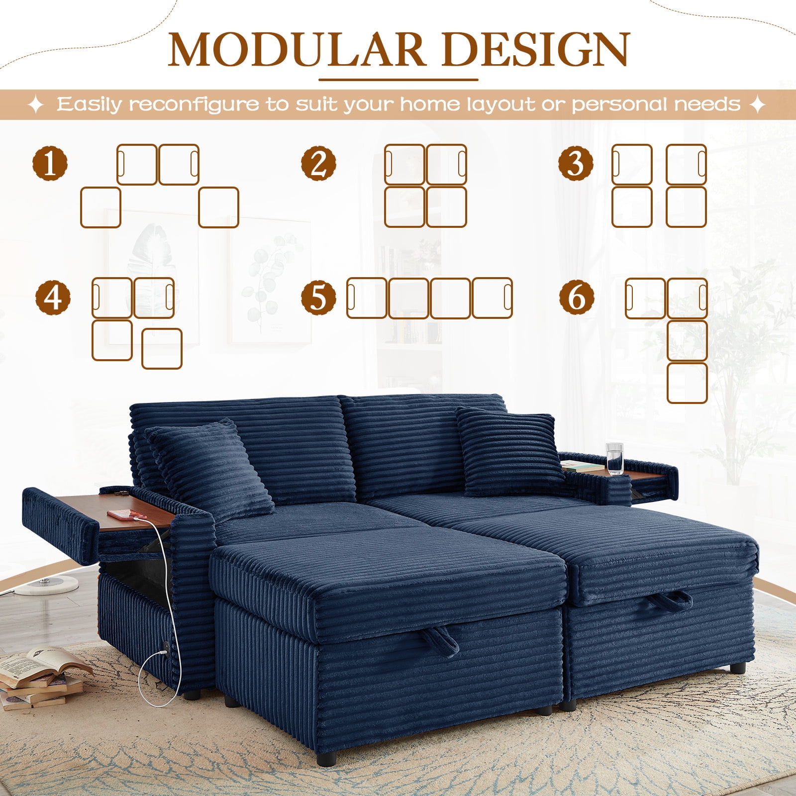 Muumblus Loveseat Sectional Sofa with 2 Storage Ottomans, Modular Cloud Couch with 2 Side Tables & USB, Plush Double Chaise Lounge Sofa Bed Indoor, Blue Corduroy