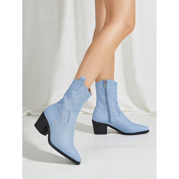 Blue Denim Embroidered Side Zipper High Heel Chunky Cowboy Boots & Western Style Fashion Boots For Women, Random Embroidery And Grain Pattern