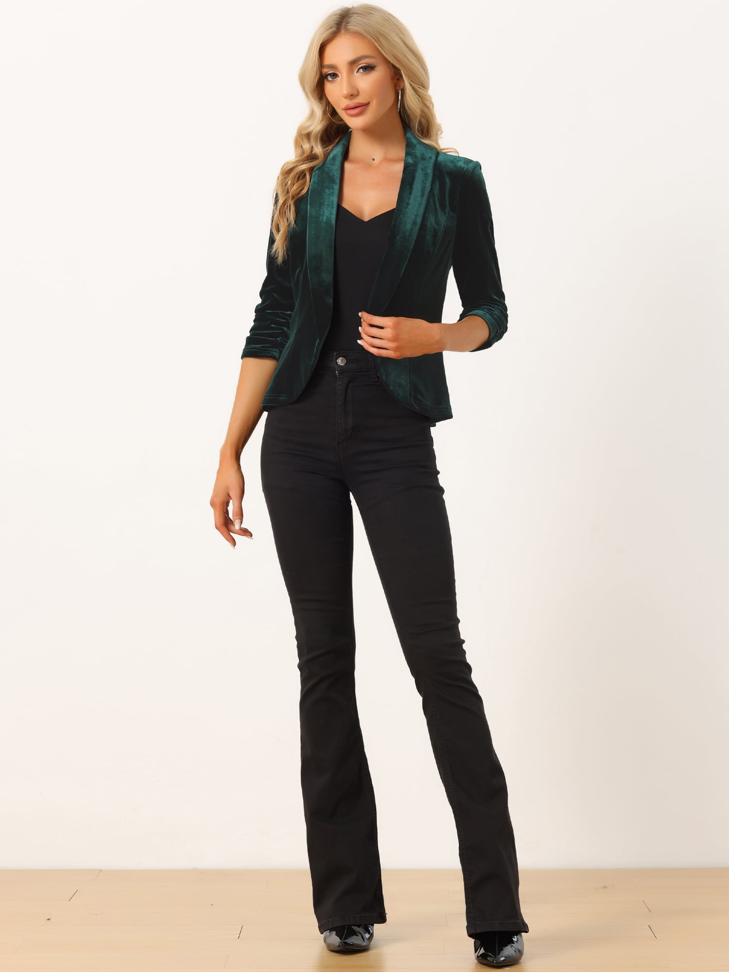 DARING DIVA Women's Velvet Shawl Lapel Collar Open Front Cardigans XS Dark Green