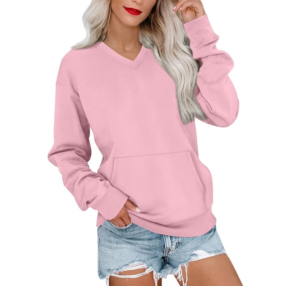 V Neck Sweatshirt Women with Pockets Casual Plain Comfort Hoodless Hoodies Cozy Fleece Pullover Sweatshirts No Hood Pink 2XL