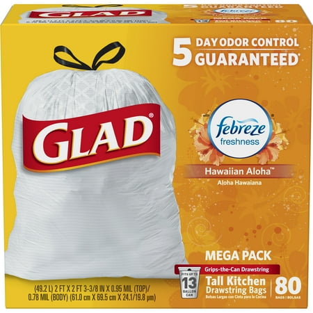 Glad OdorShield Tall Kitchen Drawstring Trash Bags, Febreze Hawaiian Aloha, 13 Gallon, 80 Count
