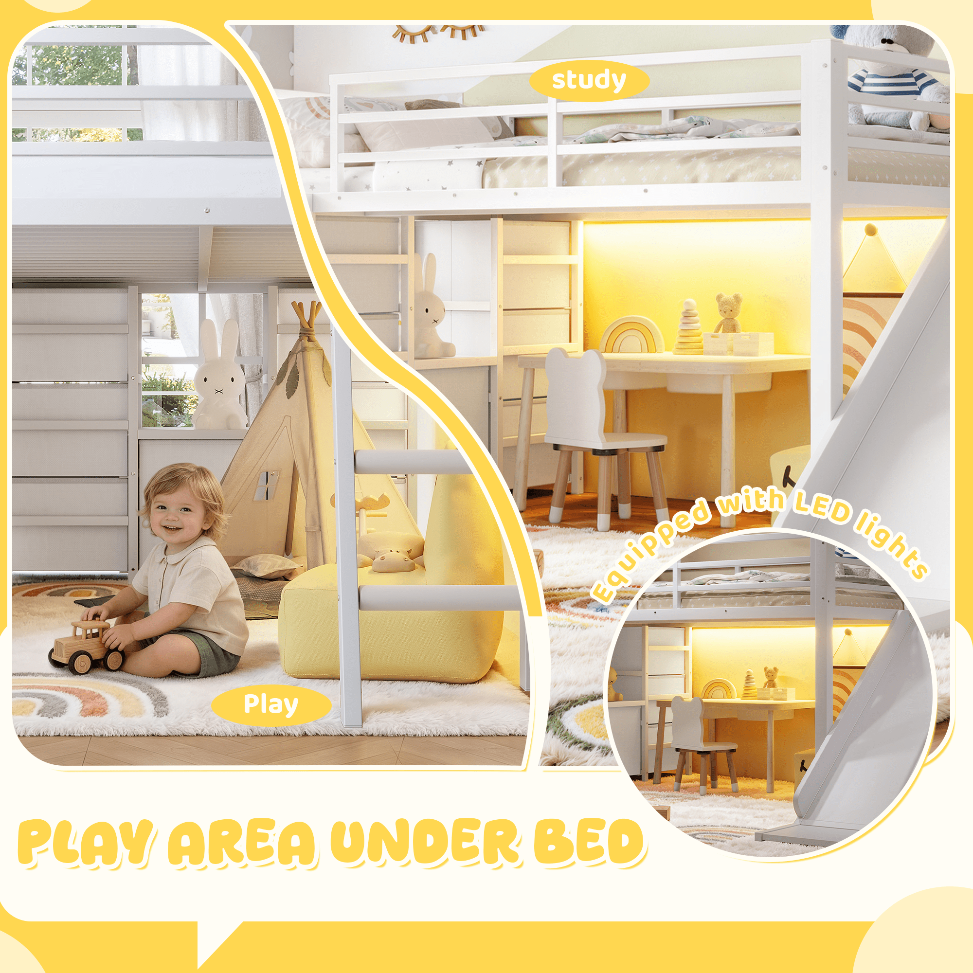 Loft Bed with Slide and Ladder, Twin Metal Bed Frame with Storage Drawers and Hanging Area for Bedroom, White