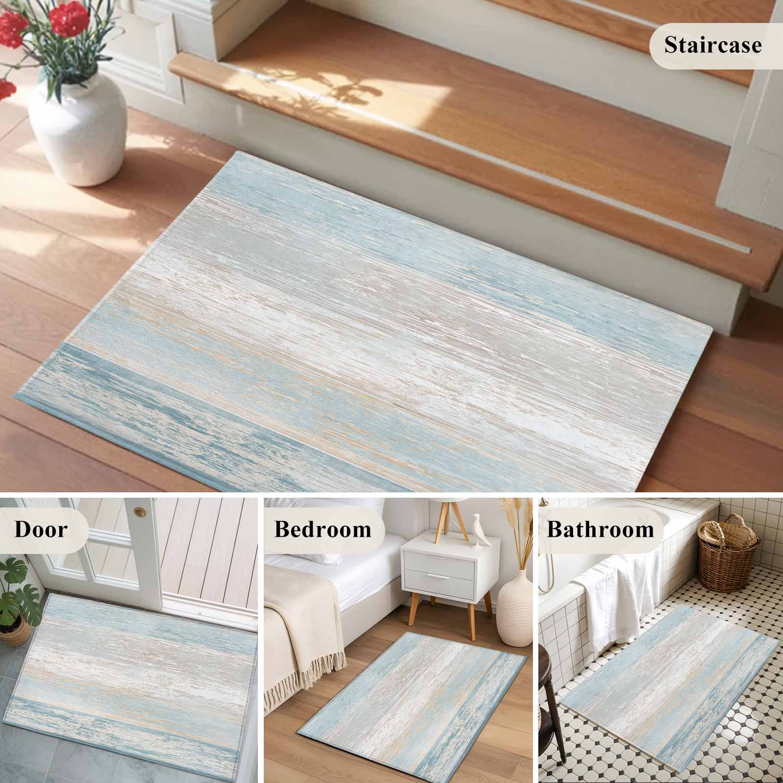 Blue Beige Farmhouse Bathroom Mat 2x3 FT, Non Slip Small Kitchen Mat, Vintage Wooden Striped Washable Soft Backed Front Door Throw Rug Non-Shedding Indoor Outdoor Doormat for Entryway Sink
