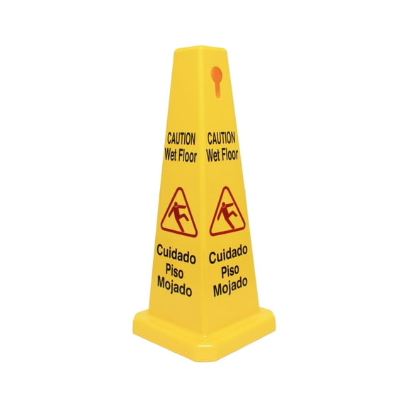 TrueCraftware- 10 3/4" x 10 3/4" Cone Shape Wet Floor Caution Sign Yellow Color- Four-Sided Safety Warning Signs for Commercial Use 27 Inches Height Bilingual Warning Sign