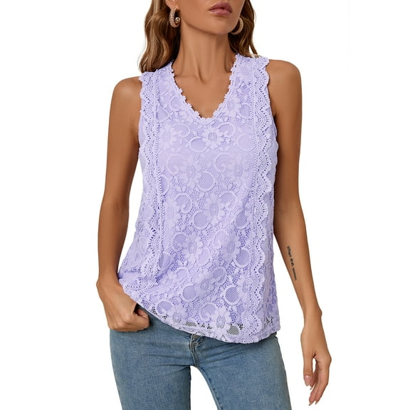 SHOWMALL Women's Tank Tops Casual Lace Trim Embroidered Hollow Out Full Liner V Neck Summer Sleeveless Shirts, Light Purple, Size Large