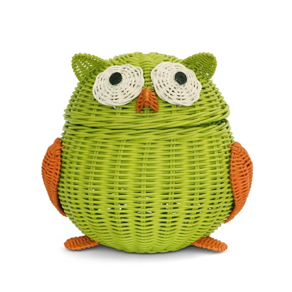 Green Owl Rattan Storage Basket with Lid, Decorative Home Decor, Hand Woven, Shelf Organizer (1 Pack)
