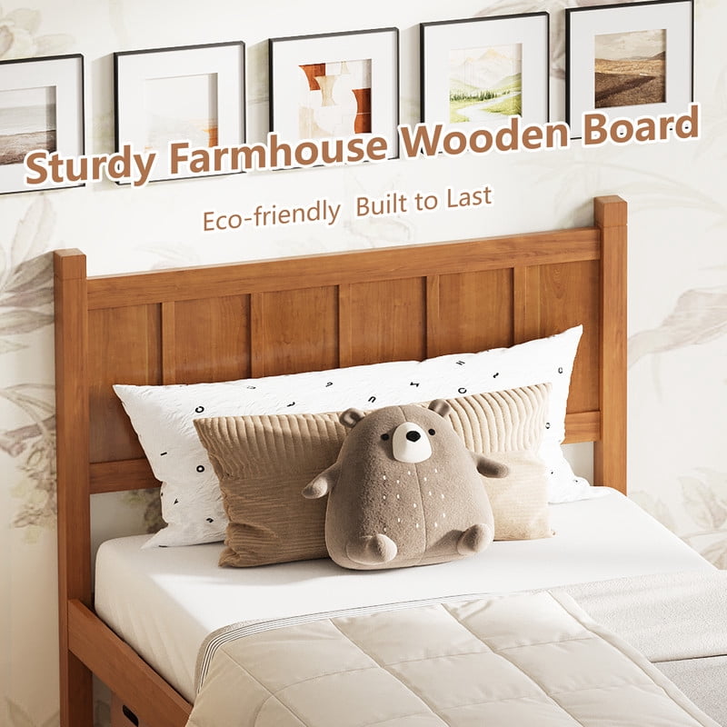 Twin Size Farmhouse Platform Bed with Flat Panel Designed Headboard & Footboard, Minimalist Wood Bed Frame with Under-Bed Storage