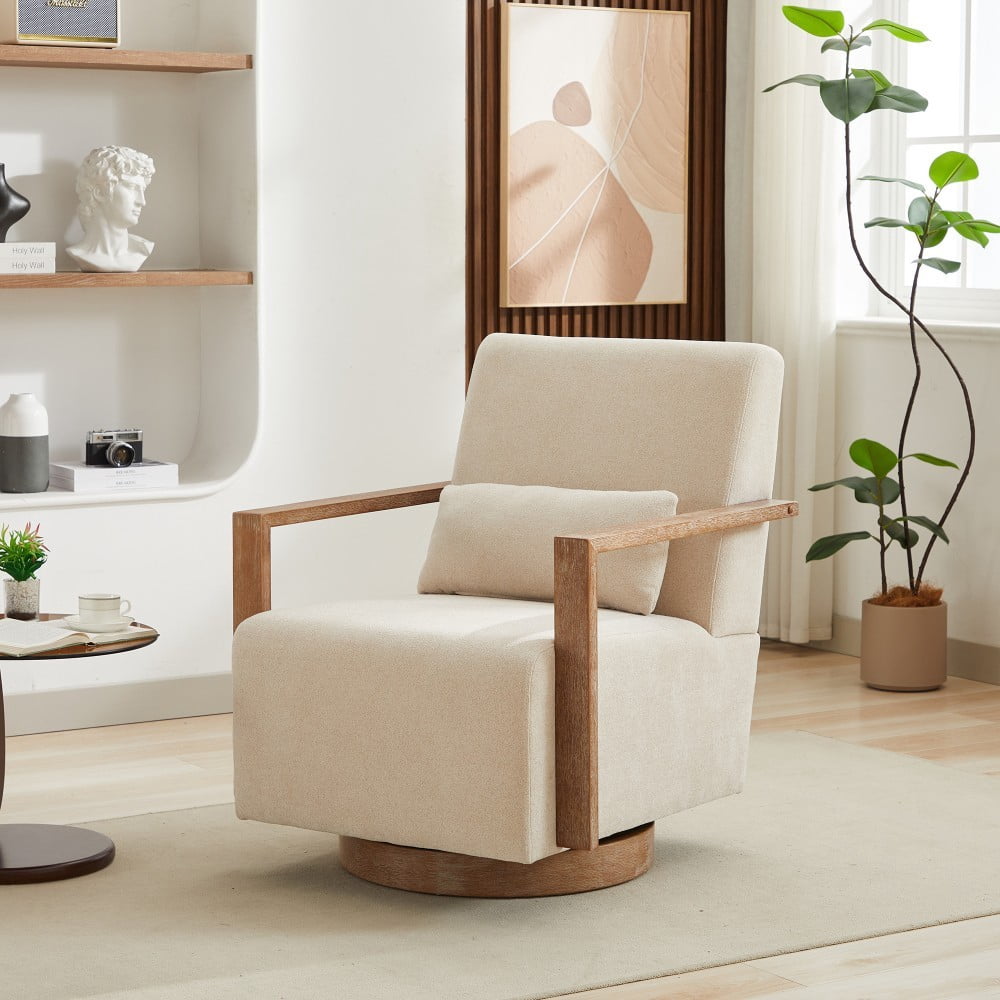 Swivel Accent Chair, 360 Degree Modern Upholstered Lounge Chair with Solid Wood Armrests, Linen Blend Fabric, Comfy Reading Chair for Living Room, Bedroom & Office, Beige