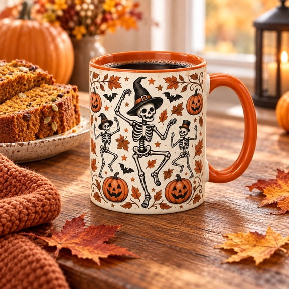 Coffee Mug Vintage Dancing Skeletons and Pumpkins, Orange Accent for Halloween Parties