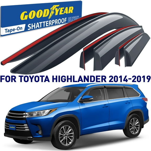 Goodyear Shatterproof Window Deflectors for Toyota Highlander 2014-2019, Tape-on Rain Guards, Window Visors, Vent Deflector Visor, Car Accessories,6 pcs. - GY008664