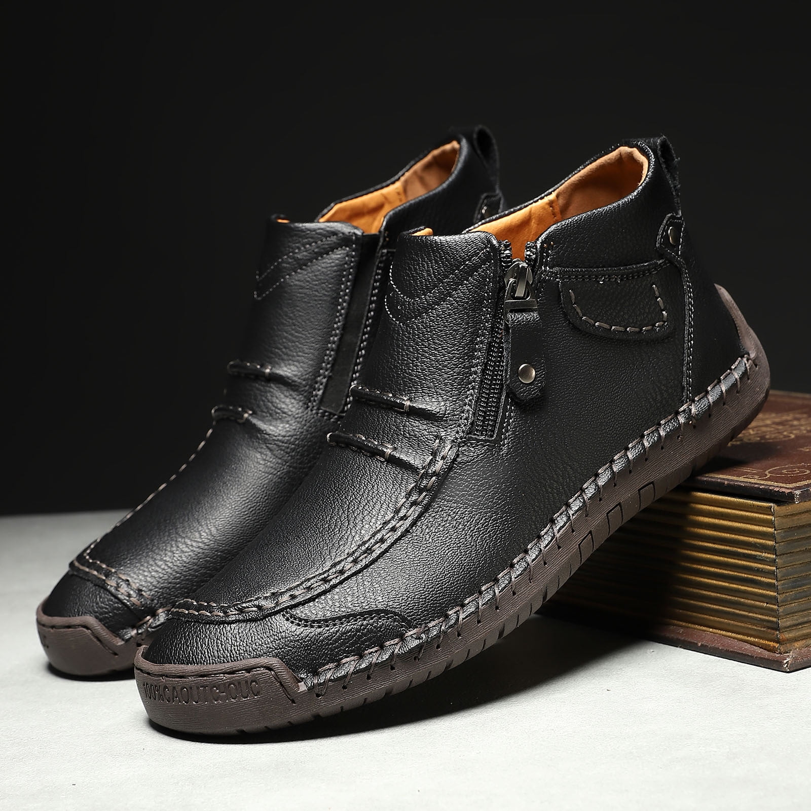 Menâs -On Orthopedic Leather Boots,Menâs Handmade Leather -On Driving Boots,Men Side Zipper Orthopedic Shoes for Driving Hiking