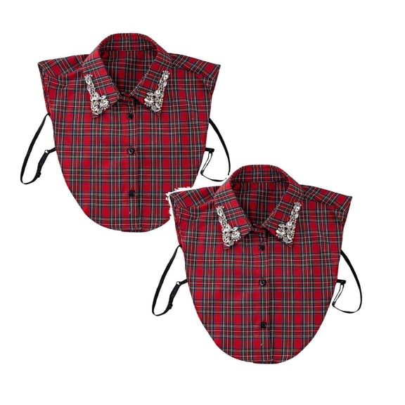 CYSFASHION 2 Pieces Dickey Collar Blouse for Women Gingham Half Shirts Family Business Casual Round Fake Collar Red