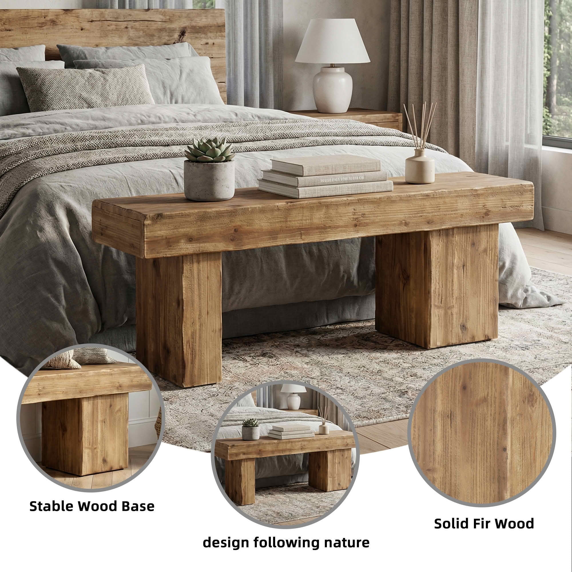 MAYEERTY Rustic 47 Inch Solid Fir Wood Entryway Bench, Heavy Duty Farmhouse Dining Shoe Bench with Artistic Legs for Bedroom Kitchen Hallway
