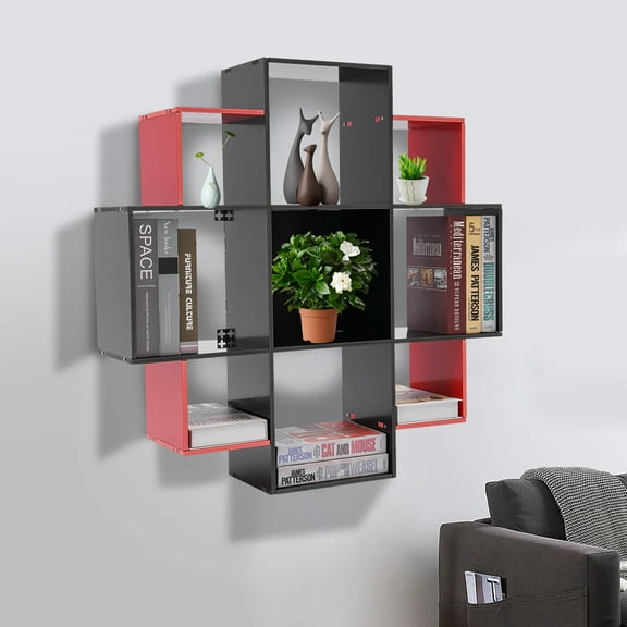 For Study, Office, Kitchen, Bedroom Black, Red Wall-mounted  Bookcase, Book Shelf, Bookcase With Three Sizes 9 Compartments