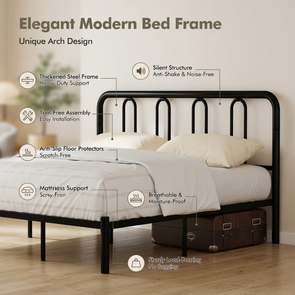 Demi Bonn King Size Metal Bed Frame, Headboard & Footboard, 1100LBS Capacity, Rustproof Finish, Noise-Reduction Foam & Non-Scratch Pads, Black