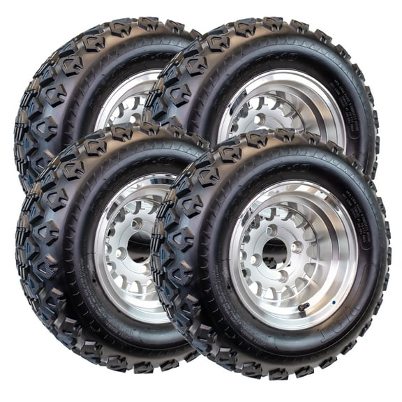 4-Pack 20X10.00-10 Golf Cart ATV Offroad Tire On 10X7 Gloss Silver Rim B7 All Terrain Mud Turf