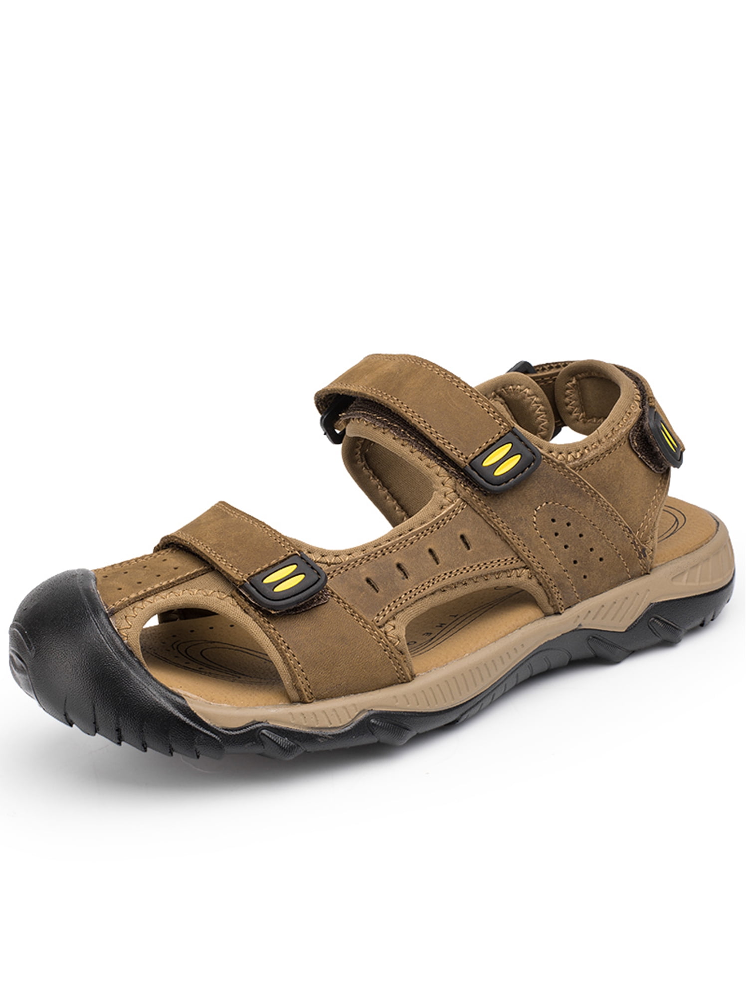 visionreast Mens Outdoor Sport Sandals Closed-Toe Leather Summer Beach Sandals with Velcro,Hiking/Walking/Fishing