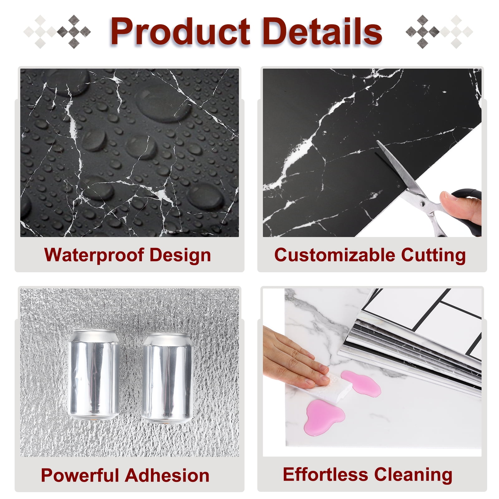 Uxcell 20Pcs Peel and Stick Marble Tiles, Waterproof Wall Panel Backsplash, 11.81"x11.81" Peel and Stick Shower Tiles for Bathroom, Black and White Root Design