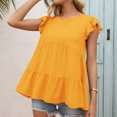 thumbnail image 3 of T-shirt Femme Été Dentelle Col Rond Manches Courtes Décontracté en Vrac Top, Jaune, M, 3 of 6