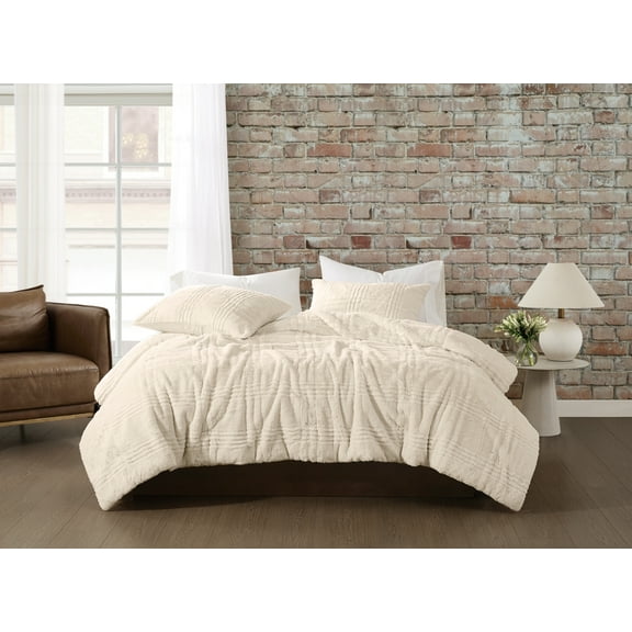 Brooklyn Loom Carved Faux Fur 100% Polyester Textured 3-Piece Full/Queen Comforter Set in Ivory, All Season, Adult and Teen Sizes, OEKO-TEX Certified
