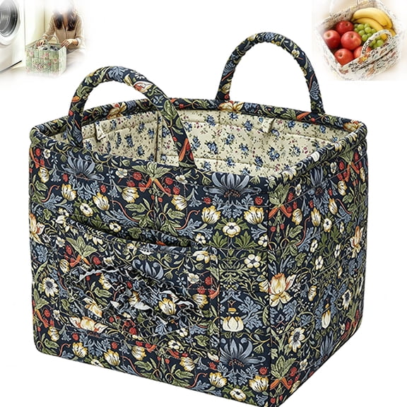 Boho-Chic Quilted Floral Storage Basket, Soft Cotton Blend, Quilted Baskets With Handles For Home Decor, Picnic, Travel