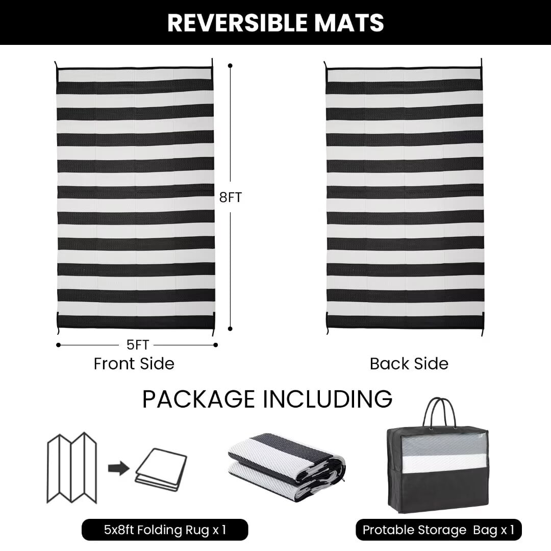 STRICKLANDHOME Outdoor Rug 5 x 8 ft, Reversible Plastic Straw Rug for Patio, Waterproof Large Outdoor Carpet for RV, Patio, Camping, Backyard, Deck, Picnic, Beach, Black & White