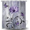 thumbnail image 4 of Rustic Farmhouse Floral Shower Curtain, Farm Boho Purple Daisy Flowers and Butterfly on Country Wooden Shower Curtain for Bathroom, Wildflower Curtain with 12PCS Hooks, 72x84IN White Black, 4 of 6