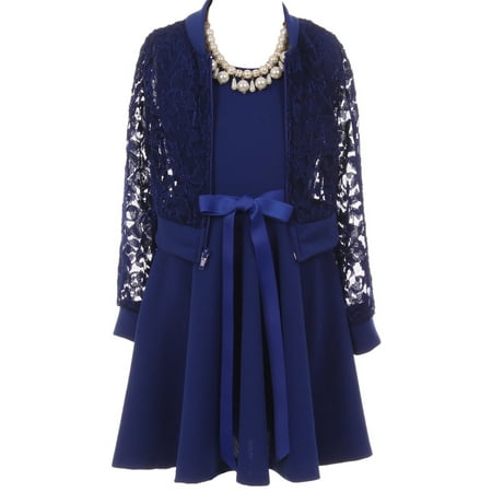 Holiday Dress Coat - Little Girl Girls Set Floral Lace Jacket Round Neck Bow Holiday Flower Girl Dress Royal 4 JKS 2096