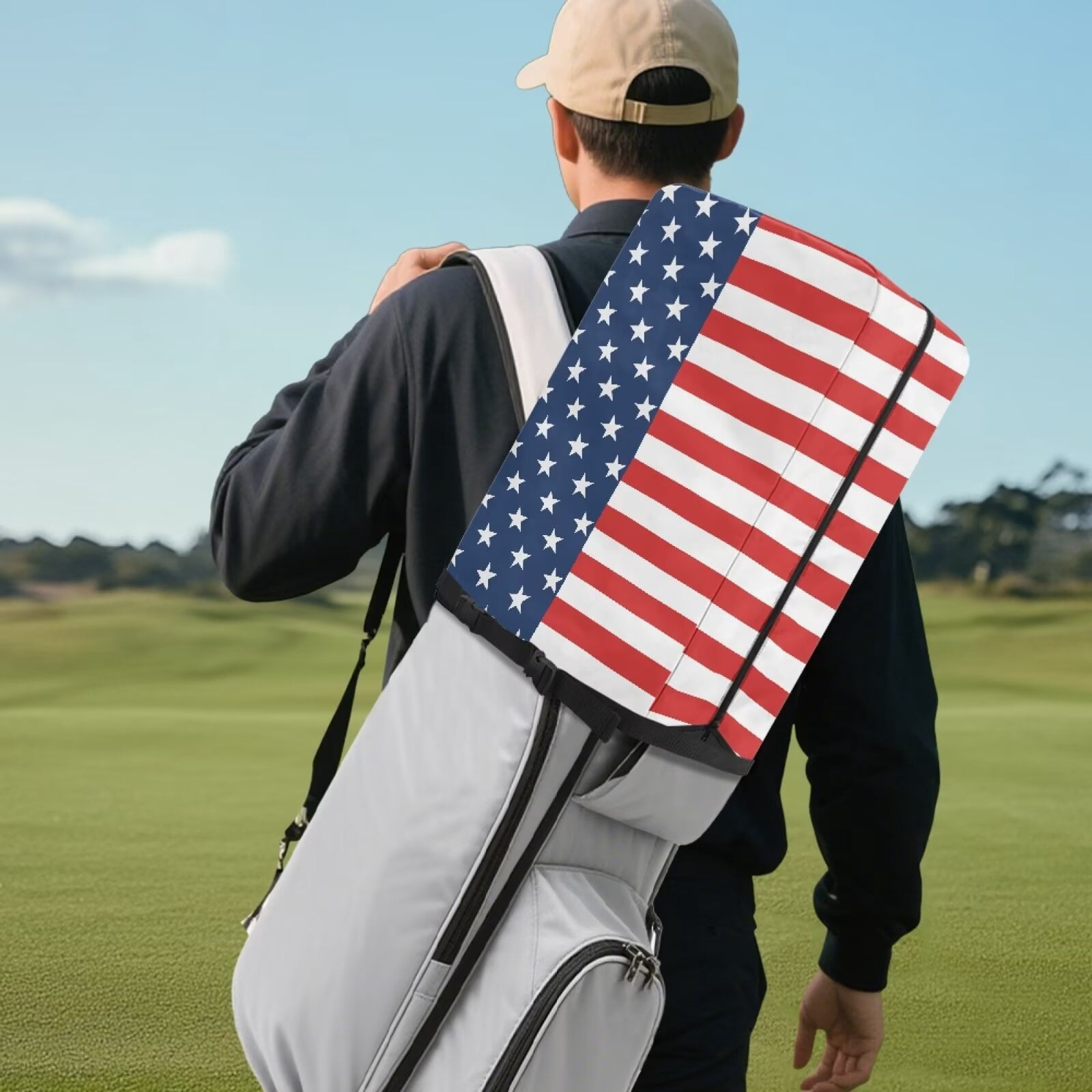 Chririnla American Flag Stars Portable Golf Bag Dust Cover Club Protection Cape with Snap Button & Zipper Waterproof & Dustproof for All Weather