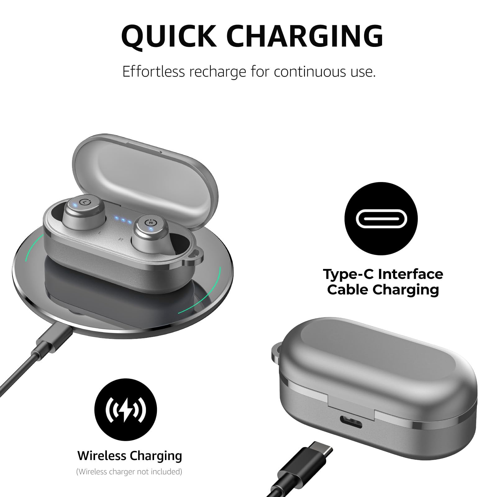 TOZO T10 Bluetooth Headphones Wireless Earbuds, 55H, Stereo Bass, App Customize 32 EQ, Wireless Charge, IPX8 Waterproof, 100+ White Noise Tracks, Ergonomic Design, Gray