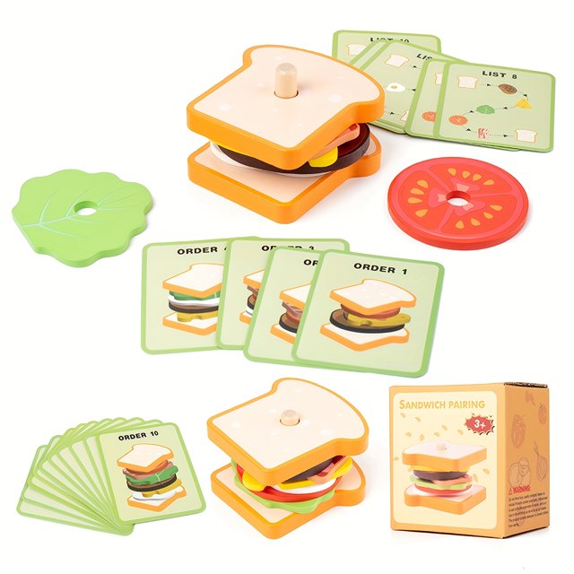 HLONK VPHQWG Wooden Burger Sandwich Toy Set Educational Stacking Game for Kids Fine Motor Skills Development Color Recognition Includes Order Cards Logical Thinking Ideal for Birthd