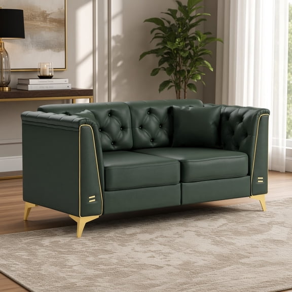 Chesterfield Sofa, Mid-Century Modern Faux Leather Loveseat with Button Tufting, Modular 2-Seater Couch with Metal Trim Armrests, Comfy Lounge Sofa for Living Room Apartment Office, Green