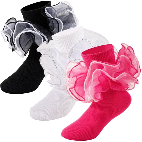 VENSIO-4-Layer Big Fluffy Lace Frilly Dress Socks for Toddler Girls, Ruffle Organza Pageant Socks, 2 Ways to Wear, 1-10 Years-black,white,rose-6
