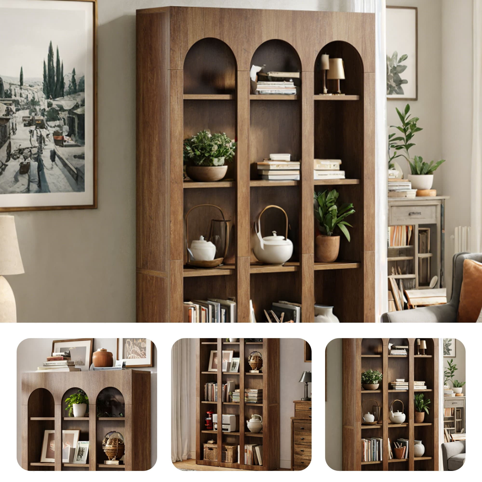 MAYEERTY Farmhouse Arched 5-Tier Tall Bookcase, 70.8" Wide Curved Top Open Display Storage Rack