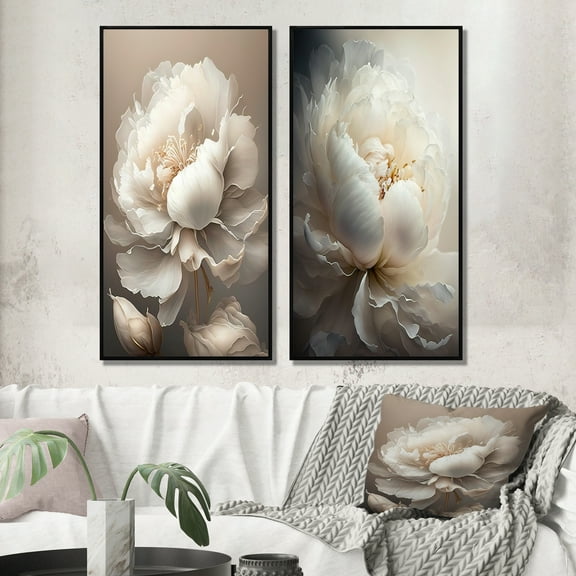 Designart "Exquisite Peony Flower VI" Peonies Framed Wall Art Set Of 2 - White Floral Framed Canvas Set For Living Room Decor