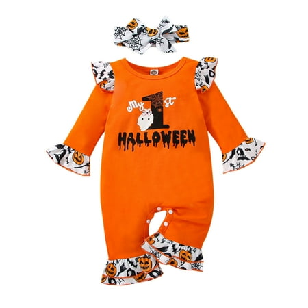 

XINSHIDE Infant Girls Pumpkin Party Long Sleeve Ruffles Romper Cartoon Letter Prints Flare Jumpsuit Headbands Set Baby Girl Clothes