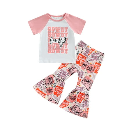 

Western Kids Baby Girls Cowgirl Outfit Short Sleeve Howdy Print T-Shirt Flared Pants Bell Bottom 2Pcs Set