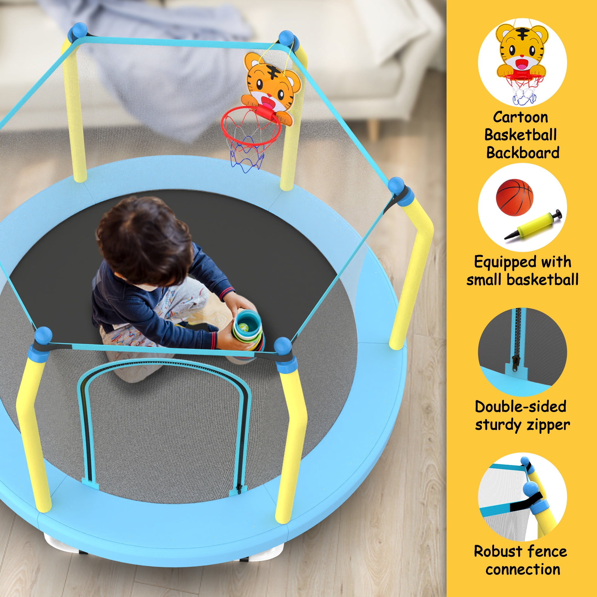55" Toddler Trampoline with Enclosure Net, SHINPT Child's Mini Trampoline with Basketball Hoop, Round Recreational Tranpolines for Birthday Gifts, Kids Trampoline for Aged 3-6, Indoor & Outdoor