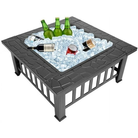 32” Metal Porch Fire Pit Outdoor Square Poatable Wood Burning Table- Includes Mesh Spark Screen Top, Waterproof Cover and Poker for Camping Patio Backyard Bonfire Fireplace
