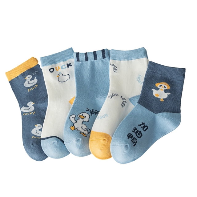 5 pares de calcetines para niños, calcetines de pato de dibujos animados para niños, calcetines de algodón suave, calcetines cálidos de media pantorrilla para niños L