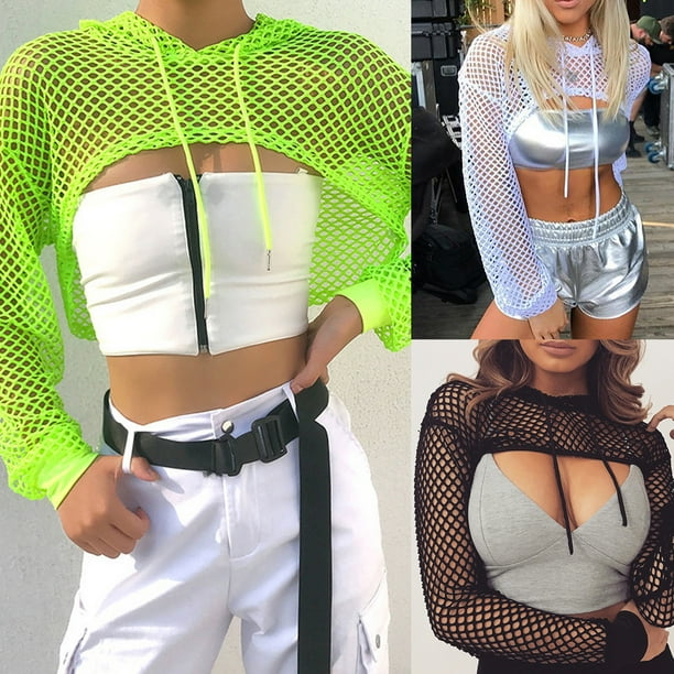 Women Long Sleeve Mesh Fishnet Hoodie Crop Top Neon Solid Color Hollow Out Drawstring Sweatshirt Pullover Cover Up Shrug