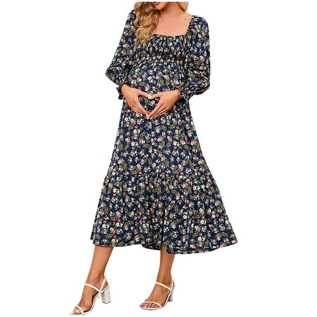 

asdoklhq Maternity Dresses for Women Plus Size Women s Pregnant Casual Small Floral Printing Chiffon Square Collar Long Sleeve Long Dress